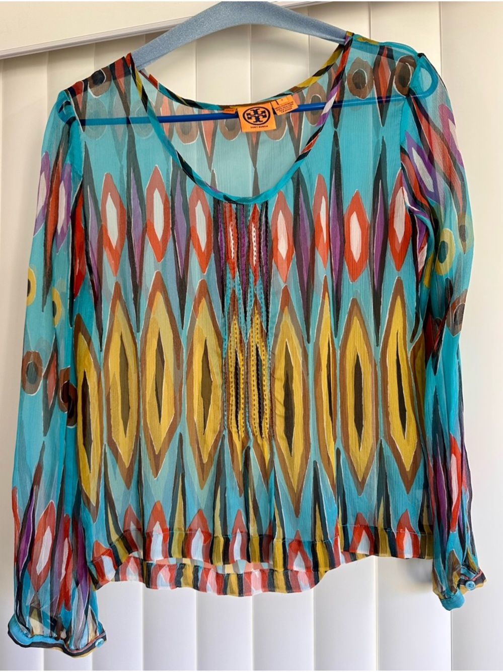 Tory Burch Teal Multicolor Geometric Sheer Blouse 100% Silk